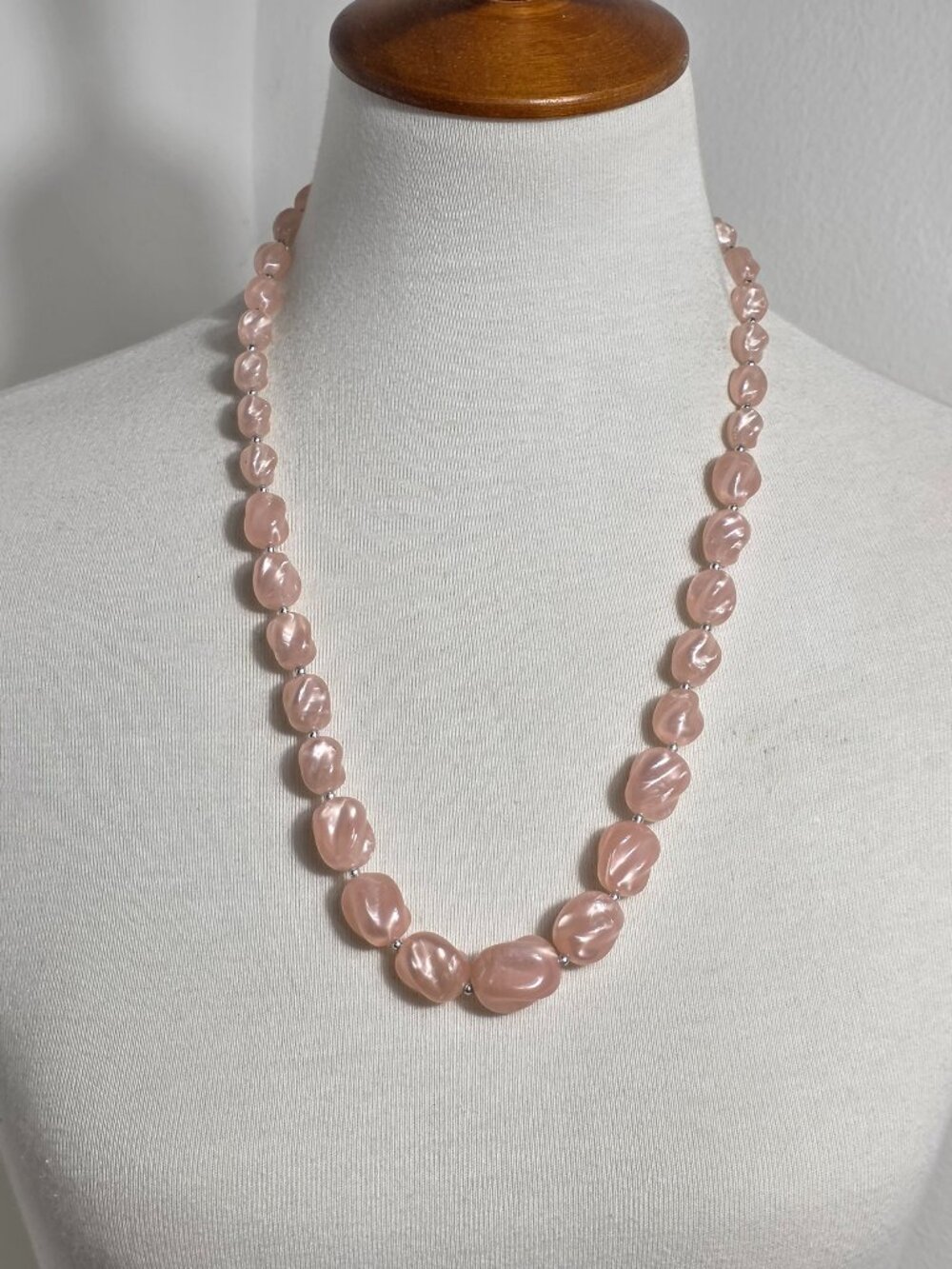 Vintage Light Pink Chunky Lucite Necklace Irregular Shaped Beads Silver Spacers